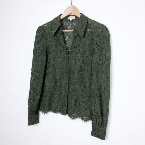 L’AGENCE Olive green, sheer lace, button-down puff sleeve shirt - Picture 8 of 12